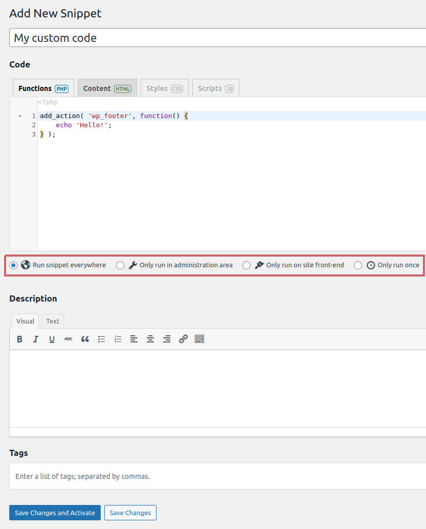 Add code with the Code Snippets plugin