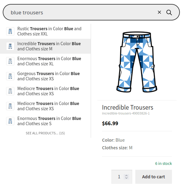 weLaunch single variations displayed in the FiboSearch autocomplete search results